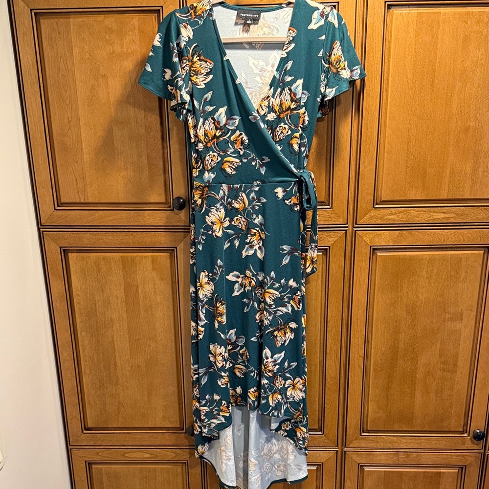 Elegant Floral Midi Dress in Teal and Yellow